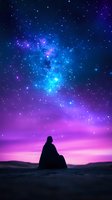 Silhouette of person sitting alone under vibrant night sky with glowing blue nebula and stars against purple horizon, creating dreamy atmospheric scene.