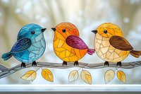 Colorful geometric birds perched on branch with autumn leaves, stained glass style artwork on soft bokeh background, decorative mosaic pattern design.