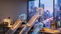 Glowing neon arrows pointing upward in modern office with city skyline view, representing growth, success, and financial progress for business concepts.
