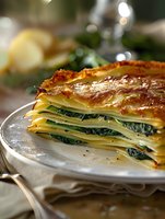 Layered spinach and cheese lasagna with crispy golden crust served on white plate, close-up view showing delicate pasta layers and melted filling. Food photography.