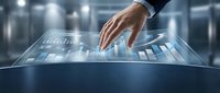 Businessman hand touching interactive digital interface with holographic charts and data visualization on futuristic touchscreen display for business analytics and technology solutions.