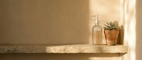 Minimalist bathroom shelf with clear glass bottle, succulent plant in terracotta pot, and warm natural light creating serene spa atmosphere for wellness and home decor projects.