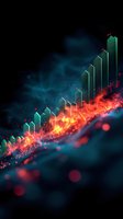 Growing bar chart with fiery base and glowing teal elements against dark background, surrounded by bokeh effects and particle trails. Suitable for financial data visualization.