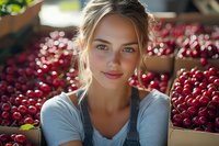 Young woman with blue eyes and casual attire surrounded by fresh red cherries at farmers market or harvest. Natural light highlights seasonal produce.