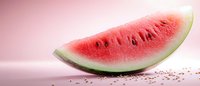 Fresh juicy watermelon slice on pink background with scattered seeds, bright red flesh and green rind creating summer refreshment composition.