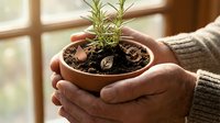 Hands holding terracotta pot with young green plant seedling and soil, sunlit window background, symbolizing growth, nurturing, and environmental care for gardening or sustainability concepts.