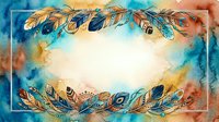 Watercolor feather frame with vibrant blue and orange hues creating decorative border on textured background for greeting cards and invitations.