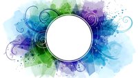 Colorful watercolor splash frame with decorative swirls and white circle space for text or logo design on transparent background ready for creative projects.