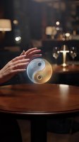 Hands protecting glowing yin yang symbol on wooden table in warm atmospheric setting representing balance, harmony, spirituality and energy healing practices.