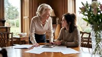 Senior Caucasian woman and middle-aged brunette woman collaborating over documents at wooden table in warm home office setting with natural lighting.
