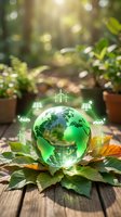 Green glass globe with renewable energy icons surrounded by leaves on wooden surface representing environmental sustainability and eco-friendly technology solutions.