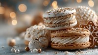Chocolate macarons with cream filling and pearl decorations on festive bokeh background for holiday dessert menu and bakery advertising.