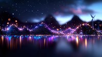 Glowing neon wave grid with mountain silhouettes reflecting on water surface against starry night sky, aurora borealis lights creating magical atmosphere.