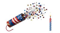 Patriotic firecracker with American flag stripes bursting colorful stars on white background, isolated design element for holiday celebrations, party invitations, and festive graphics.