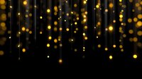 Golden bokeh lights and hanging string lights creating magical festive atmosphere against black background.