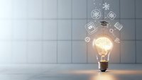 Glowing light bulb with floating education icons on modern tiled background representing innovation, learning and creative thinking in academic environment.