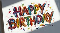 Happy Birthday colorful hand-lettered text with confetti and party elements on white background, isolated design ready for greeting cards, invitations, and celebrations.