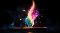 Magical multicolored flame rising from ancient wooden surface with glowing particles and smoke effects against dark background, mystical fantasy concept.