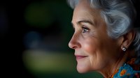 Elegant senior Caucasian woman with silver hair and natural makeup in profile view smiling confidently against dark background with soft bokeh lighting effect.