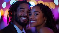 Young African American couple sharing intimate moment against blurred colorful bokeh lights background, both with dreadlocks and bright genuine smiles, romantic evening atmosphere.