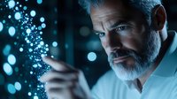 Mature bearded scientist in white coat examining glowing blue particles, dramatic lighting creates mysterious atmosphere in dark laboratory setting.