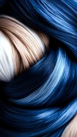 Flowing waves of blue and blonde hair strands creating dynamic swirling pattern against dark background, abstract artistic composition for beauty and fashion designs.