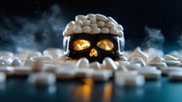 Glowing skull with pills scattered around on dark background, dramatic lighting creates eerie atmosphere for pharmaceutical or addiction awareness concept.