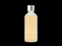 Cosmetic bottle with pale yellow liquid and metallic silver cap, isolated on transparent background, ready for skincare, beauty product packaging design, print-on-demand, and sublimation projects.