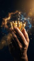 Hand holding glowing golden figures with sparkling light effects, symbolizing leadership, teamwork, success, and human connection for business and corporate concepts.