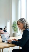 Mature businesswoman analyzing financial data on laptop in modern office workspace with colleagues in background for corporate presentations.