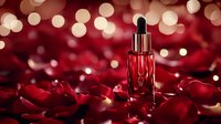 Red glass dropper bottle with serum surrounded by rose petals on dark background with golden bokeh lights creating luxurious cosmetic atmosphere.