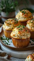 Savory herb muffins topped with sesame seeds and fresh chives on ceramic plate, perfect for breakfast or accompanying soups and stews.