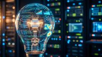 Digital light bulb with glowing circuit patterns and code overlay representing innovation, technology solutions, and creative programming in modern office.