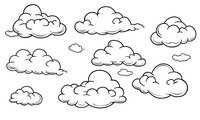 Hand drawn fluffy clouds collection in doodle style on white isolated background, black outline sketch for weather forecast, children books and design elements.