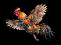 Rooster with vibrant red, orange, and black plumage in dynamic flying pose, isolated on transparent background. Ready for t-shirts, clipart, stickers, sublimation, and print-on-demand designs.