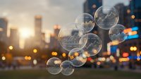 Soap bubbles floating over blurred city skyline at sunset with warm bokeh lights creating dreamy urban atmosphere for commercial and lifestyle projects.