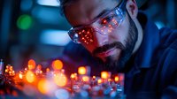 Middle Eastern man with beard wearing protective glasses examines electronic circuit board with glowing orange LED lights in dark laboratory environment. Professional engineering focus.