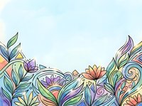 Colorful watercolor floral background with pastel rainbow flowers and leaves, hand-drawn doodle style with soft blue sky and copy space.