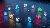 Digital communication network with glowing social media and technology icons connected by light beams on futuristic grid background for business presentations.