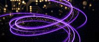 Glowing purple neon light trails with golden bokeh particles swirl across dark background, creating dynamic motion effect for digital design and technology concepts.
