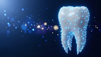 Digital tooth model with glowing network connections on dark blue background for dental technology and healthcare innovation concepts.