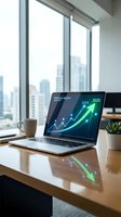 Laptop displaying financial growth chart with upward trending arrows for 2024-2025 on wooden desk in modern office with city skyline view, coffee cup and succulent plant.