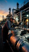 Industrial worker in hard hat operating valve equipment at oil refinery during sunset with steam and complex pipeline infrastructure in background.