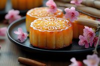 Traditional mooncakes with ornate lotus pattern on black plate decorated with delicate pink cherry blossoms, celebrating Mid-Autumn Festival.