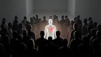 Glowing white figure with red heart stands out from crowd of dark silhouettes, symbolizing leadership, compassion and human connection in business.