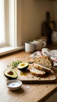 Sliced artisan bread and fresh avocado on wooden cutting board in warm kitchen setting for healthy breakfast preparation and cooking content.