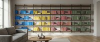 Modern home library with colorful organized books on wooden shelves in contemporary living room interior design for reading and study spaces.