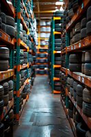 Rows of stacked car tires on colorful metal shelving in auto parts warehouse, creating narrow aisle perspective with industrial lighting.