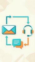 Customer service communication cycle with email envelope, headset and chat bubbles connected by arrows on beige background for business support concepts.