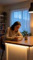 Young woman writing in notebook at modern kitchen table with warm lighting and coffee mug in cozy home interior during evening hours.